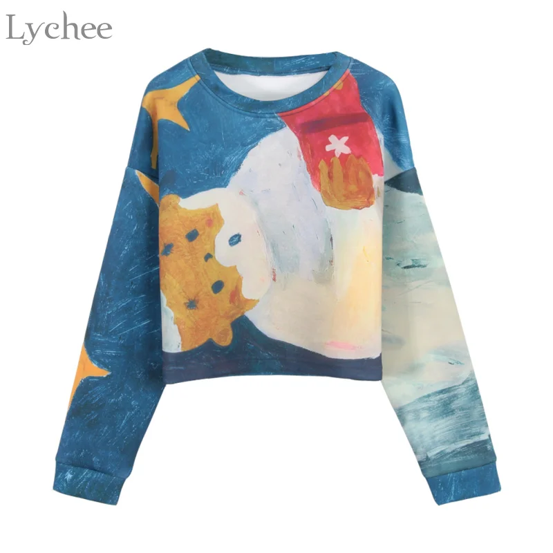

Lychee Spring Autumn Women Sweatshirt Graffiti Painting Grandpa Print Long Sleeve Casual Loose Pullover Tracksuit F