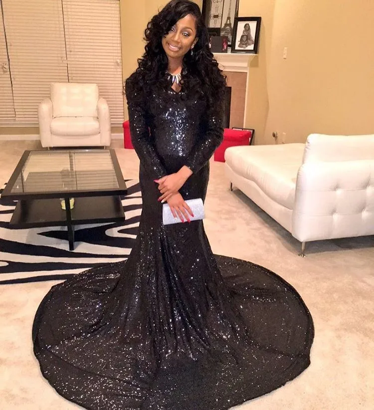 Black sequin long sleeve prom dress