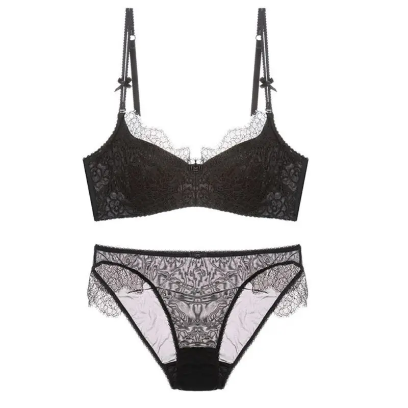 

2019 Newest Ladies Sexy Lingerie Thin Lace Eyelashes Push Up Half cup solid Color Gathered Bra + Underwear Set