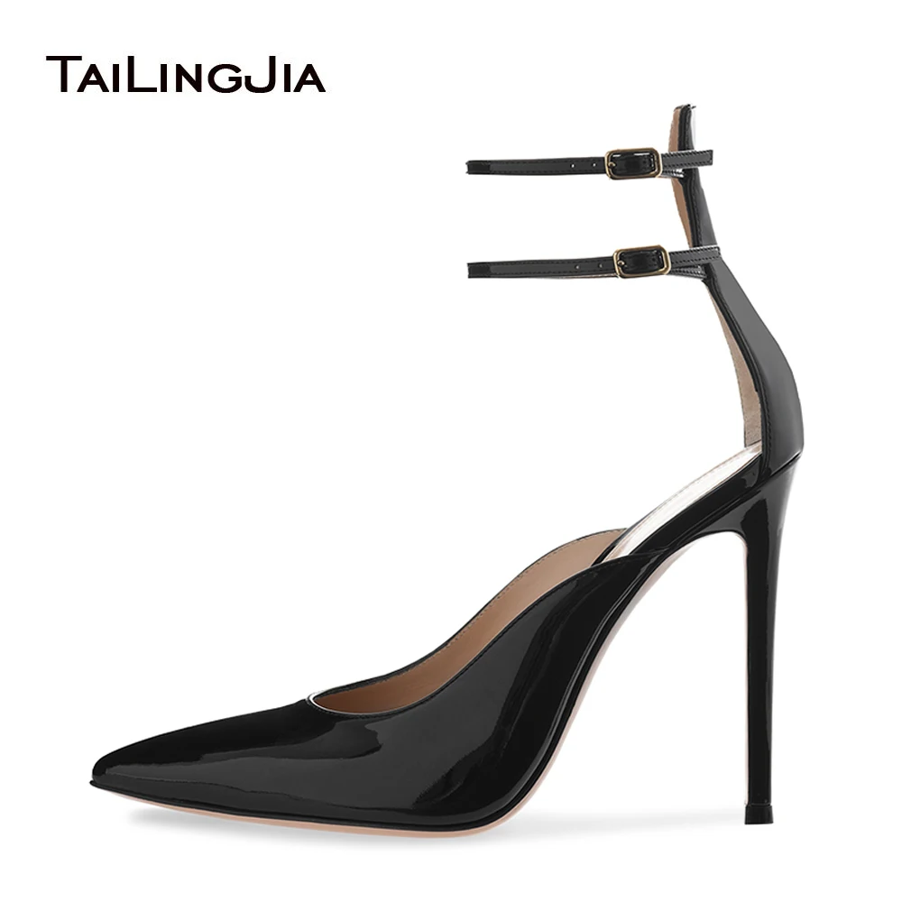 Pointed Toe Shiny Black High Heel Pumps Large Size Latest Heeled Summer Shoes Ankle Strap Stiletto Heels Ladies Dress Shoes