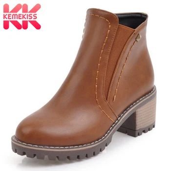 

KemeKiss 4 Colors Size 33-43 Women Short Boots Square Heels Round Toe Women Fashion Boots Vinatge Female Footwear