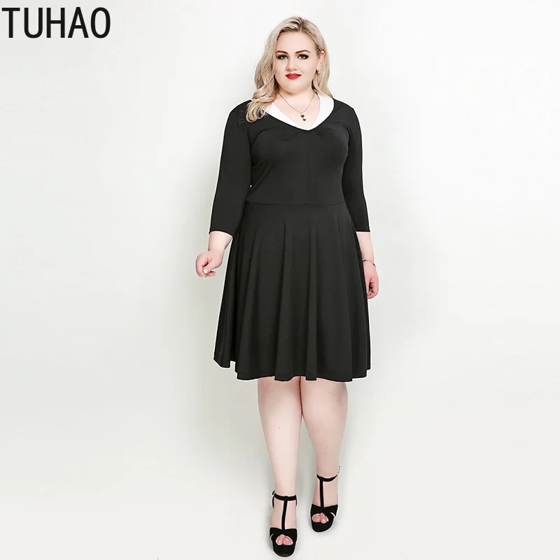 

TUHAO Summer Office Lady Elegant Party Dresses Knitting Plus Size Black Casual Dress Large Size 4XL 5XL 6XL 7XL Women Dress RL