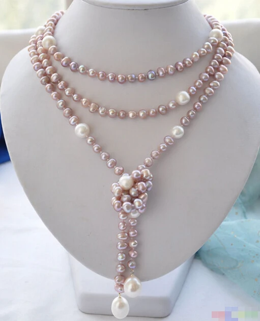 

HOT## Wholesale FREE SHIPPING >>> P4003 65" 14mm lavender round white drip freshwater pearl necklace