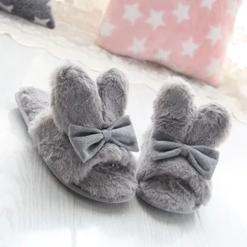 

Women handmade Rabbit ears Slippers Spring Autumn Winter Home Slippers Fluffy Shoes Women Indoor cotton Plush Flat Shoes Female