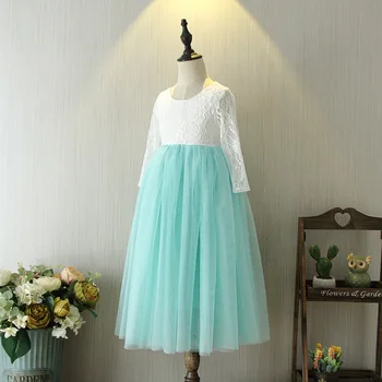 

2019 Fall New Lace Long Sleeve Long Dress for Summer Puffy Tulle Kids Elegant Princess Party Clothes for Wedding or Birthday