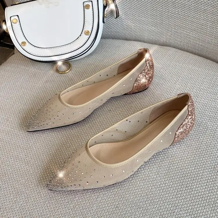

Luxury Crystal Embellishments Mesh Upper Back Glitter Sequined Leather Womens Flats Pointed Toe Soft Rubber Heels Slip On Shoes