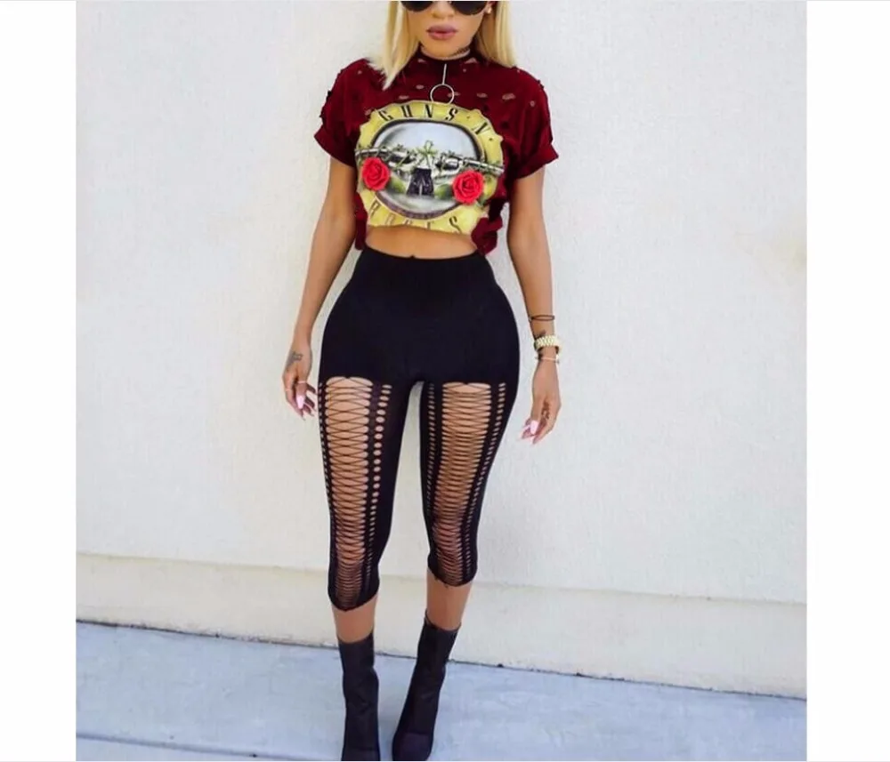 Сексуальная отверстие Растениеводство Топ 2018 принт &quotGUNS N ROSES футболка Для