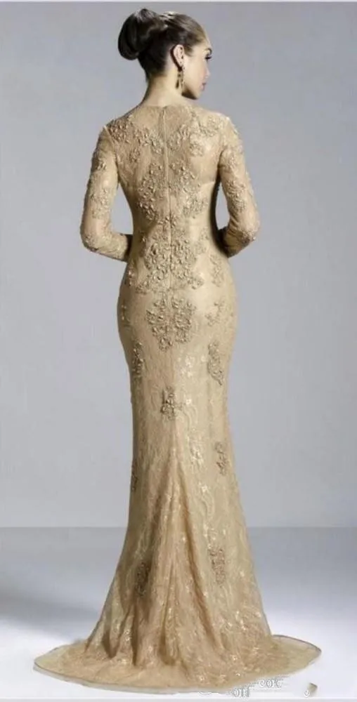 Vestido novia кружева с длинным рукавом Иллюзия Аппликация из бисера Русалка Вечерние Выпускные платья Шампанское мать невесты платья