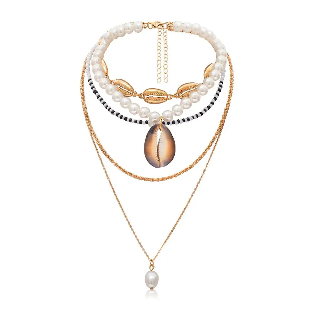 Женское ожерелье с ракушками KMVEXO, многослойное ожерелье с жемчугом и ракушками - Окраска металла: 5 PCS