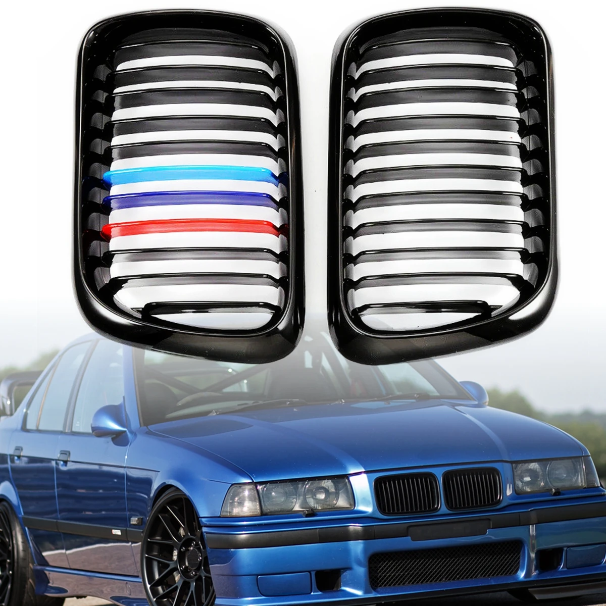 

for BMW E36 1997 1998 1999 Front Bumper Hood Gloss Black M Style Kidney Grille Grill