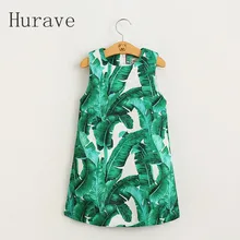 Hurave 2017 D’été vêtements Vert Feuilles enfants Imprimer Sans Manches A-ligne Enfants vêtements Fille Robe pour fomal robe robes