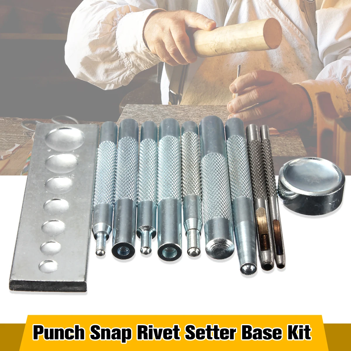 

Kiwarm 11pcs DIY Leather Craft Tool Die Punch Snap Fasteners Press Studs Rivet Setter Base Fixing Kit Set for DIY Leathercraft