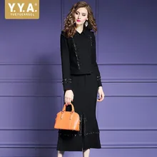 High Quality Luxury Female Sets Fashion Beading Splice Double Breasted Jacket Ruffled Skirts Two Piece Outfits Plus Size S-3XL