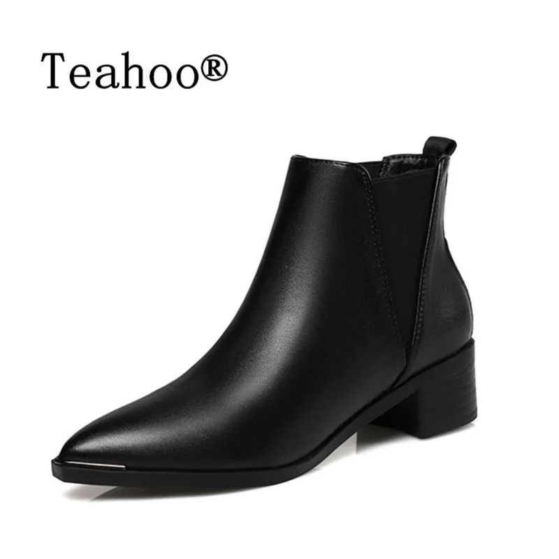 

Fashion Women Leather Boots Autumn Winter Women Ankle Boots New Black Woman Snow Boots For Girls Ladies Work Shoes Thick Wool