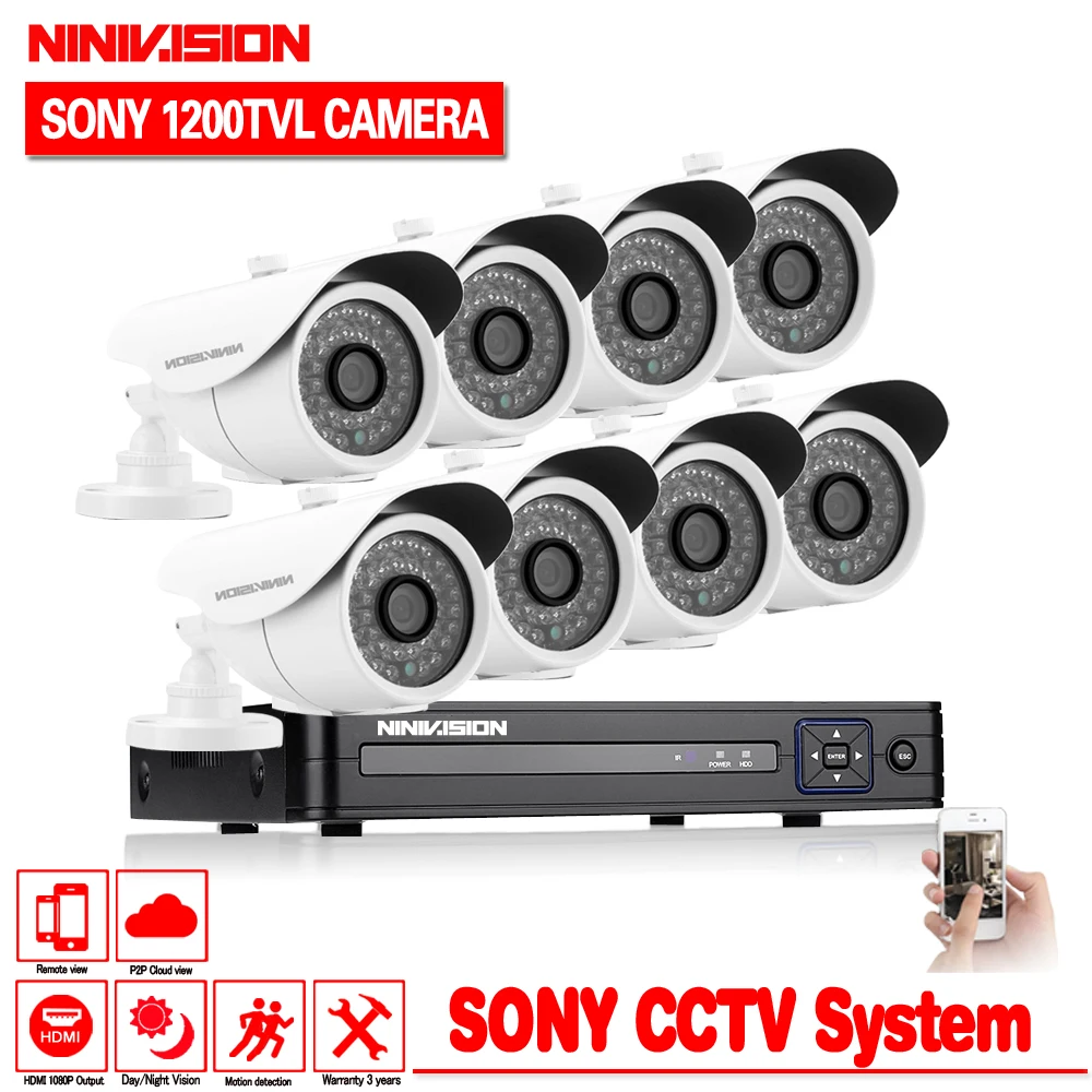 NINIVISION CCTV DVR NVR HVR 960H 1080p 8CH DVR комплект 1200TVL белая цилиндрическая/наружная CCTV камера DVR система для ip-камеры