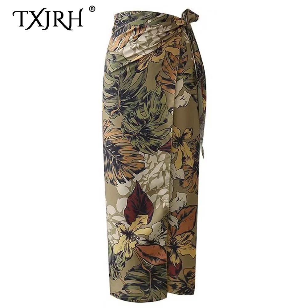 

TXJRH Vintage Ethnic Tropical Floral Leaf Print High Waist Tied Bow Mid-Calf Length Skirt Fashion Women Slim Straight Skirt