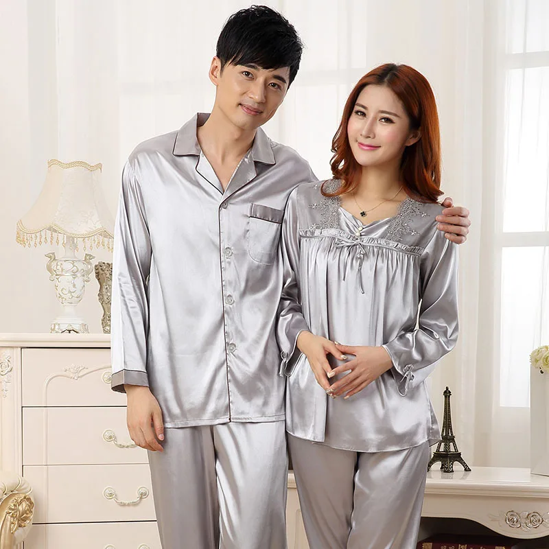 2019 Spring Autumn Couples Silk Satin Pajamas Sets for Women Long Sleeve Sleepwear Pyjamas