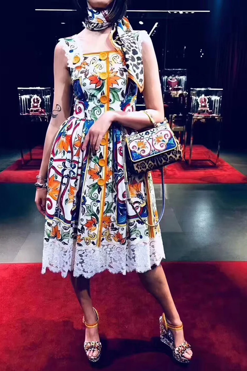 

Vintage Print New Fashion Women Dress Sleeveless Spaghetti Strap Lace Clothes Mid-Calf High Waist Cotton Summer Dresses