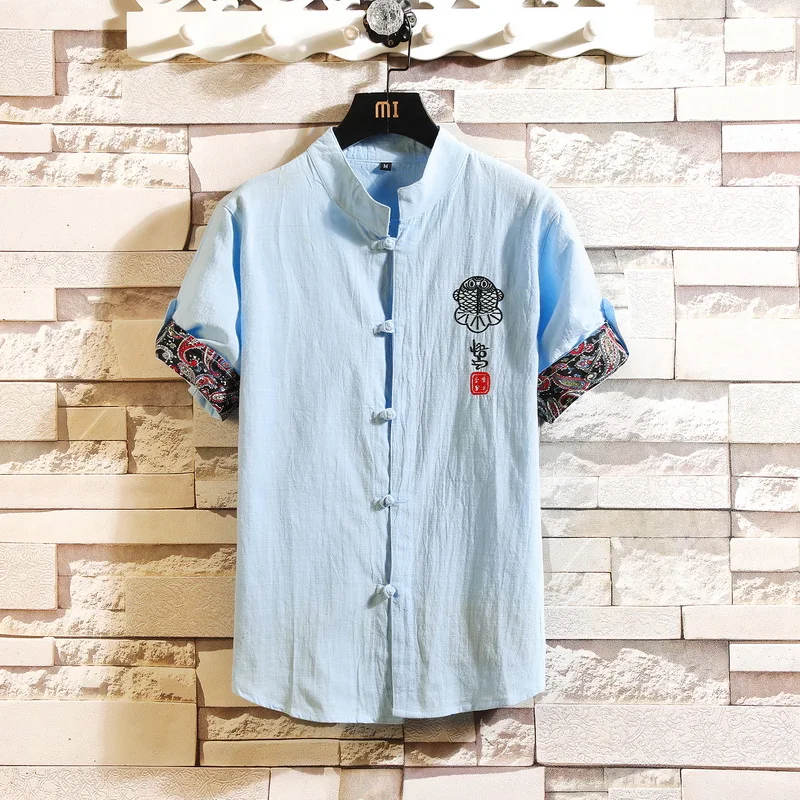 2019 Summer Plus Size Men's Baggy Solid Cotton Linen Short sleeve frog Button Pocket Shirts camisa masculina camisas 7068 | Мужская