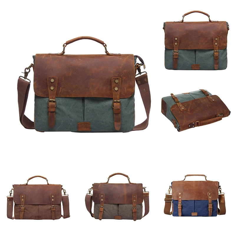 

Luxury Genuine Leather Messenger Bags Canvas Shoulder Crossbody Handle bag Vintage Satchel Large Business Travel Package