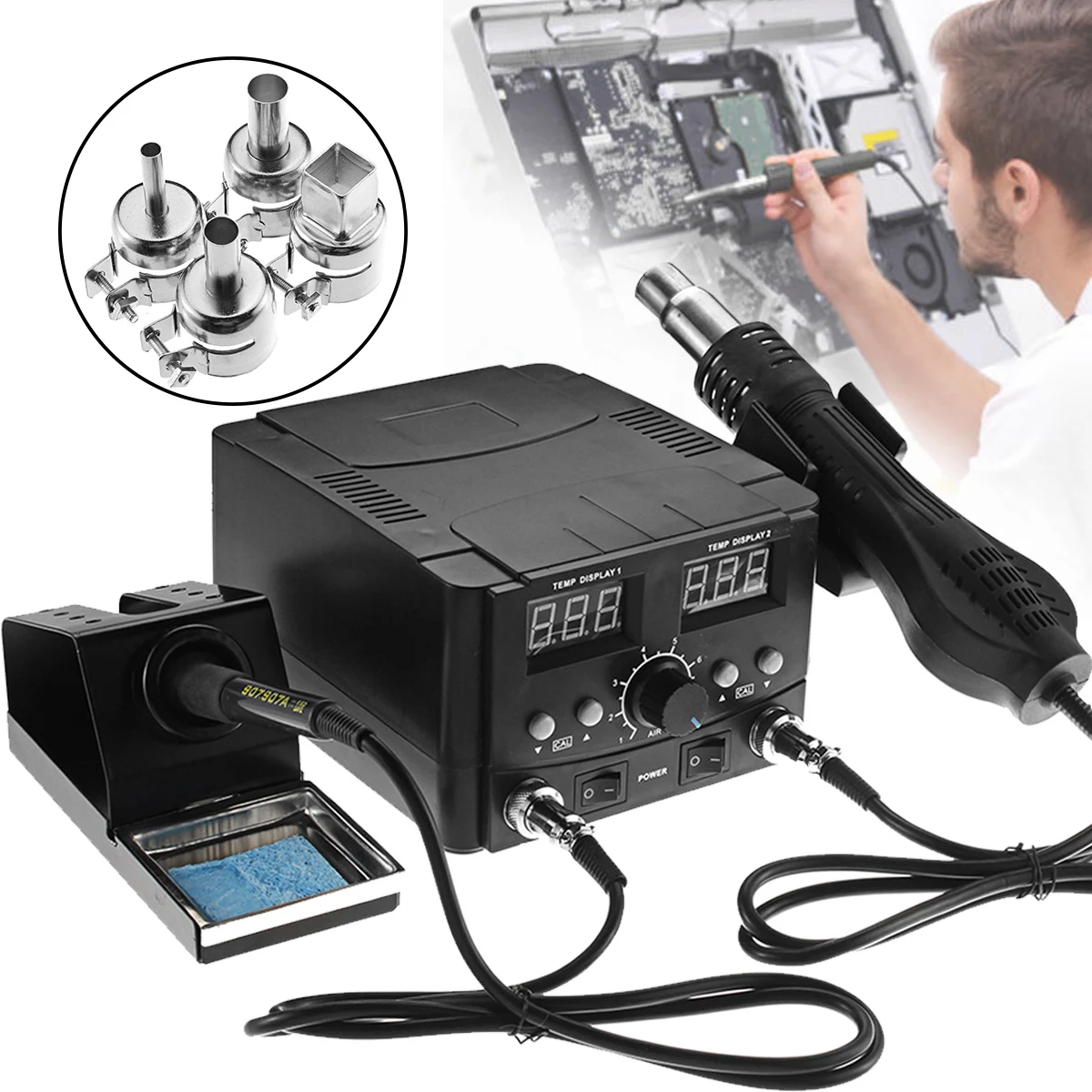 

8582D Soldering Station 2 in 1 SMD Hot Air Gun Soldering Iron Desoldeing Solder Digital Rework Station Motherboard Welding Tools
