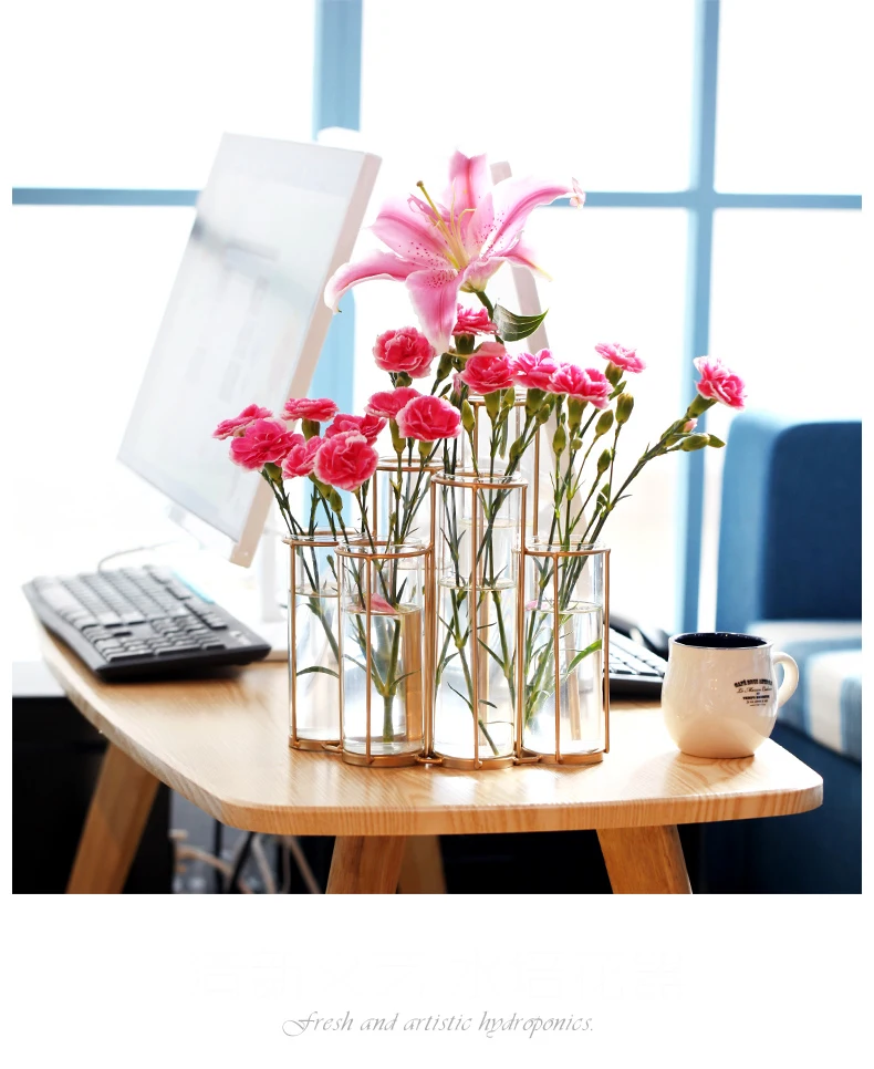 Новая Скандинавская креативная стеклянная 6 гидропонная ваза железная художественная ваза Золотая тестовая ваза украшения для дома и офиса