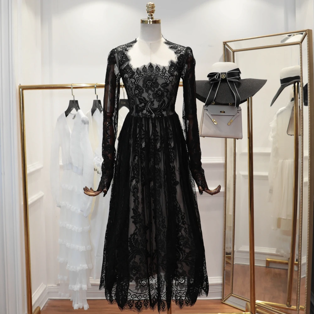 

Goddess Long Dress 2019 Summer New Perspective Lace Dress Women Long Sleeve Square Collar Dresses Party Vestidos White / Black