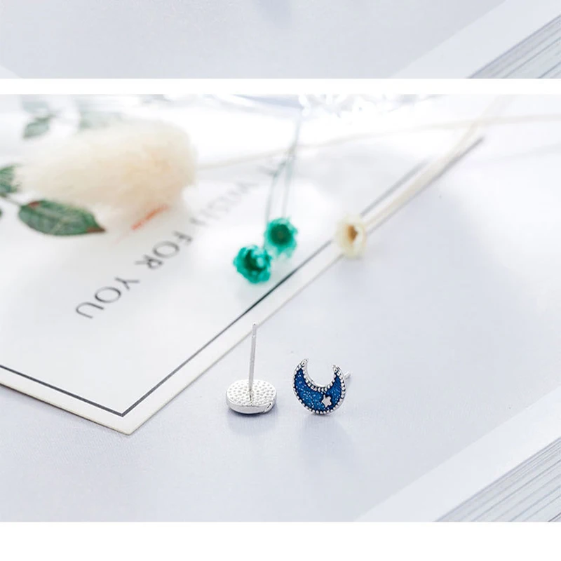 Qevila New Fashion Plated 925 Silver Moon Star Stud Earring Van Gogh Starry Sky Enamel Unique Earring For Women Romantic Jewelry (3)