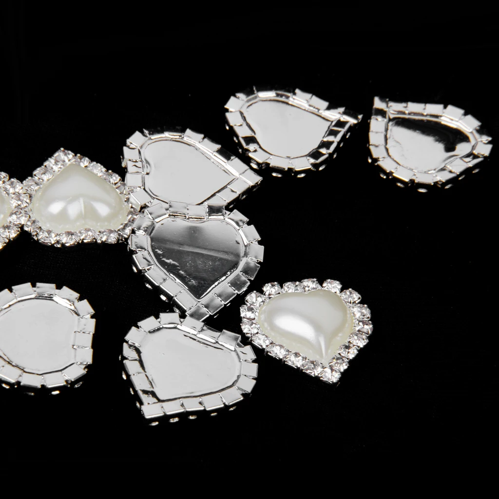 10pcs Heart Crystal Beige Faux Pearl Button Flatback Embellishment 20mm x 25mm