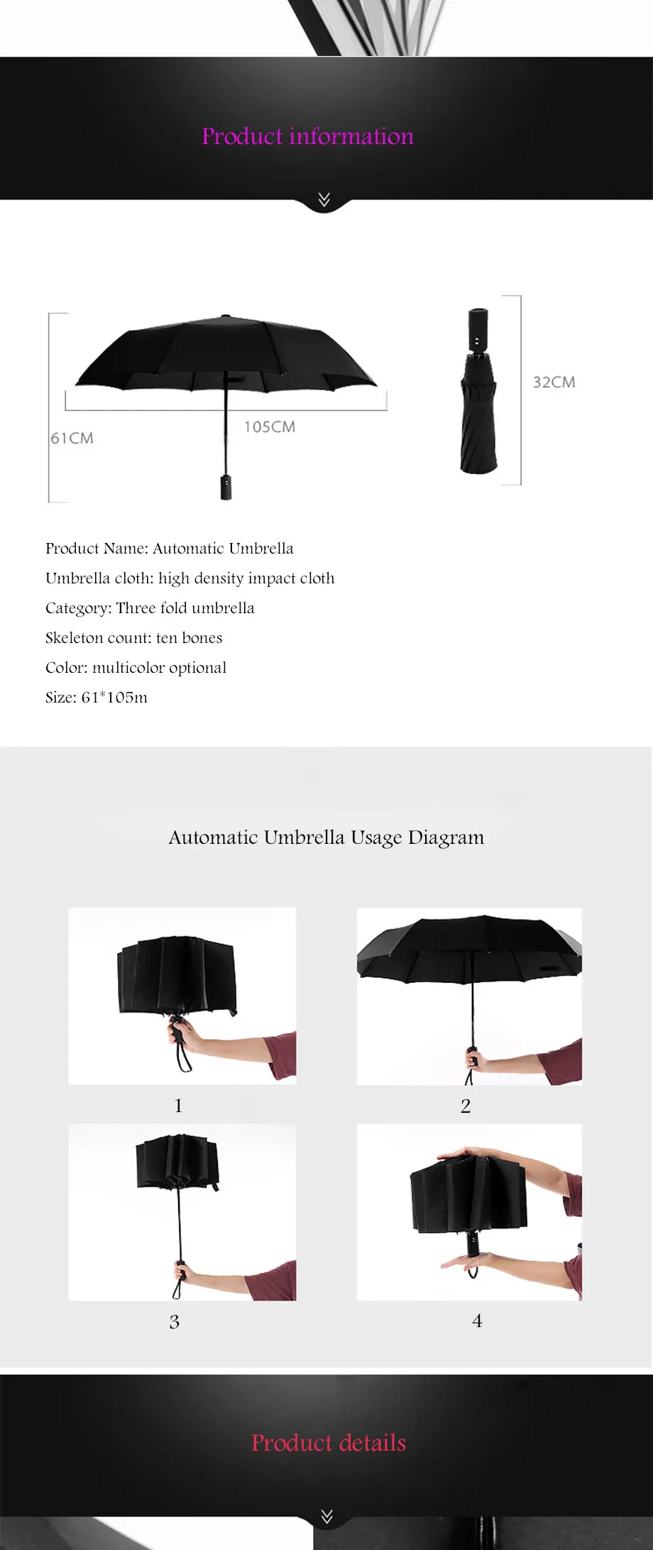 Полностью автоматический зонт 10 двухслойный зонтик, водонепроницаемое покрытие, увеличенная поверхность зонта сильный зонтик