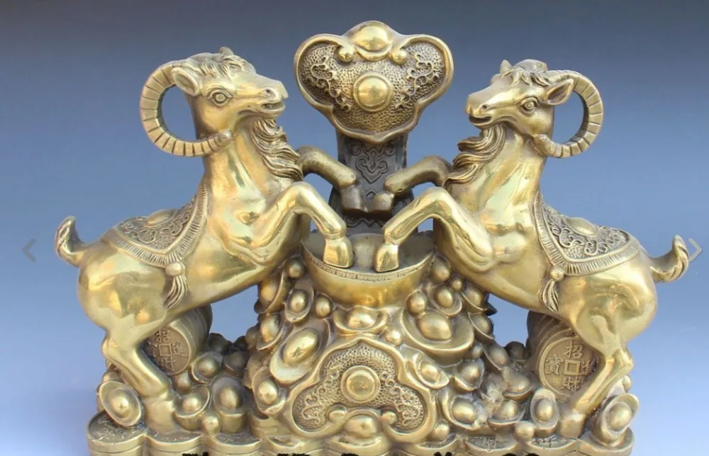 

2794<+15" Chinese Bronze Zodiac Year 2 Sheep Goat Wealth Money Yuan Bao Ru Yi Statue