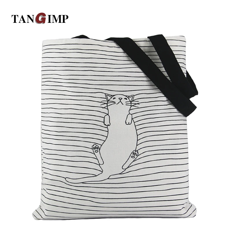  TANGIMP 2017 Cute Striped Napping Cat Cotton Canvas Handbags Eco Daily Female Single Shoulder Shopping Tote Women Beach Bags 