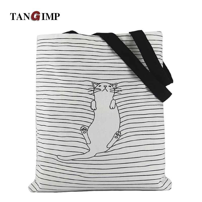 TANGIMP 2017 Cute Striped Napping Cat Cotton Canvas Handbags Eco Daily Female Single Shoulder Shopping Tote Women Beach Bags