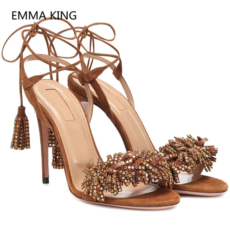 

2019 Sexy Lace Up Women Gladiator Sandals Crystal Tassel Sexy Thin High Heel Luxury Suede Ladies Summer Shoes Woman Brown Sandal