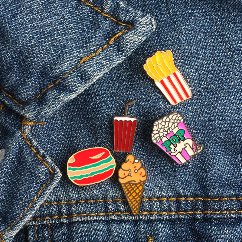 

Cartoon Metal Cute Hamburger Fries Drink Popcorn Ice Cream Creative Enamel Pin Collar Clip Badge Brooches Scarf Decorated Pins