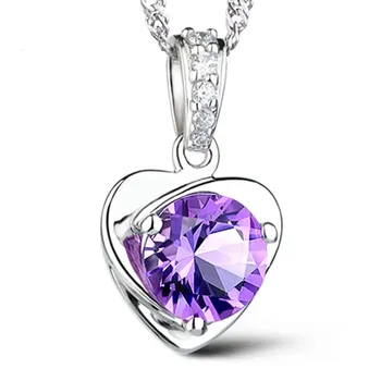 

S925 Sterling Silver Natural Crystal Necklace Fashion Ladies Women Necklaces Amethyst Zircon Chain with Box