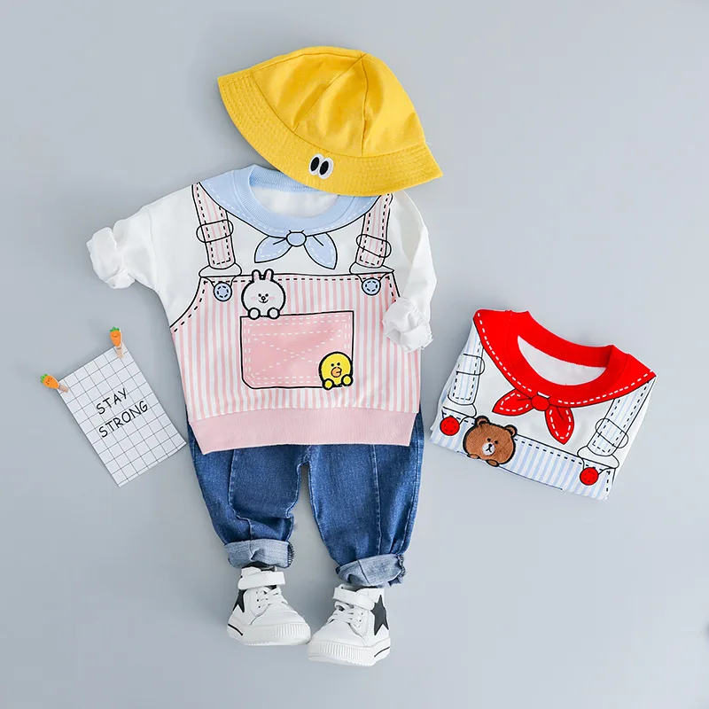 

2019 Spring Toddler Girl Cothes 0-3T Age Cotton Print Tracksuit Kids Outfits Long Sleeve T-shirt+Denim Jeans Children Girls Set