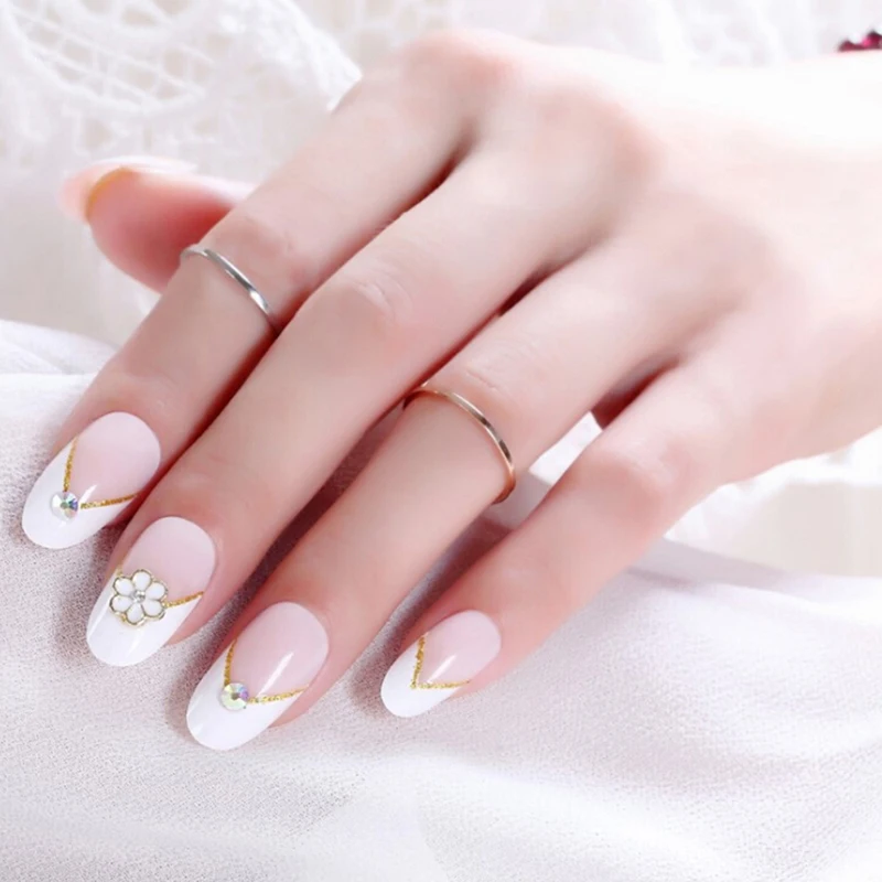 24pcs Fashion Long Fake Nails Tips Full Cover Oval Pink Gradient Cherry Style Flower Decorated For Girls