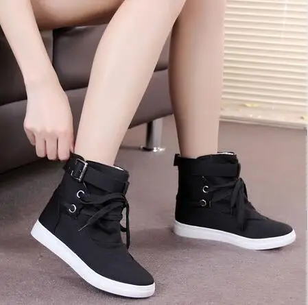 

35-41 Black Gray Round Toe Platform High-top Canvas Buckle Shoes Woman Lace Up boots Student Flat Ankle Boots Botas Mujer M573