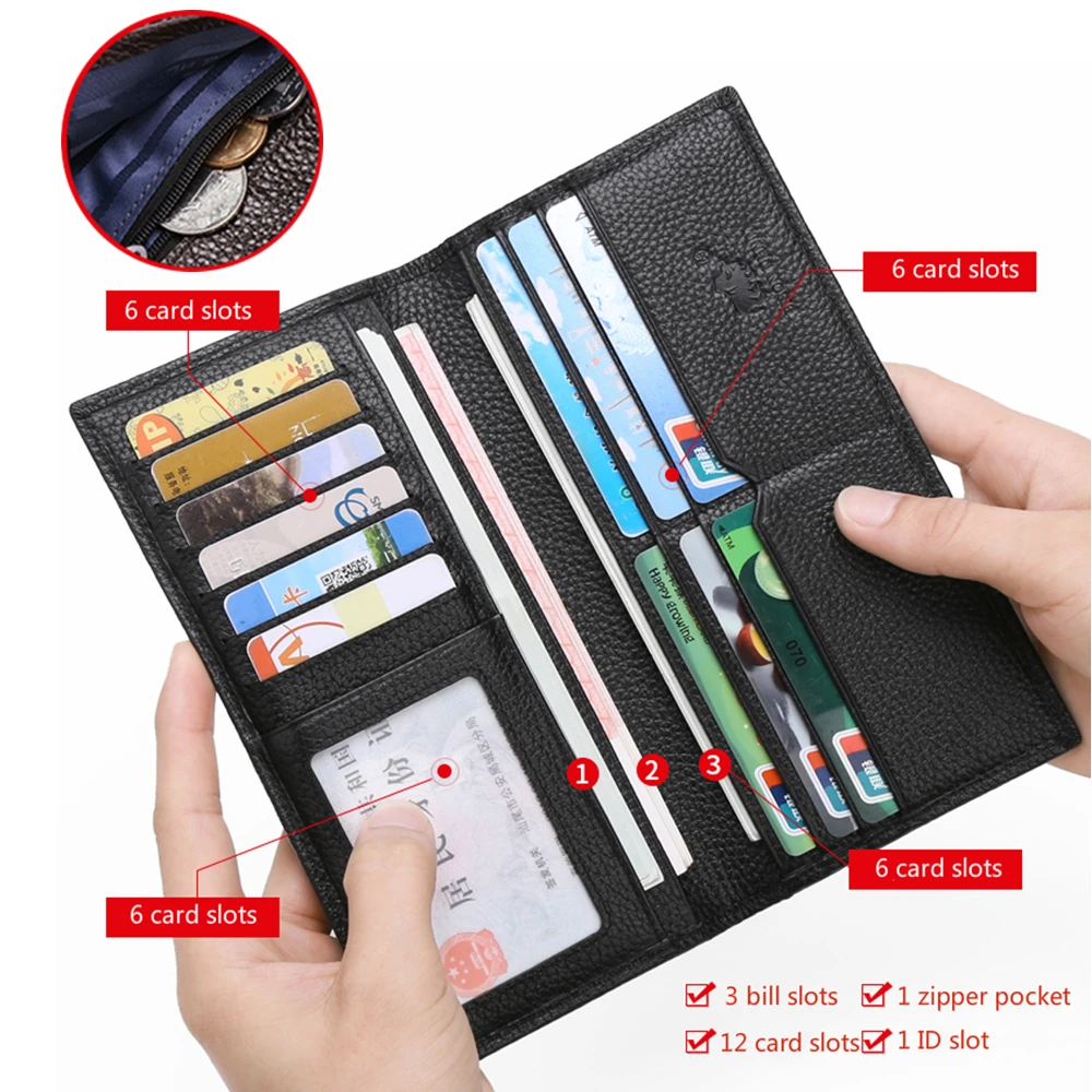 

Genuine Leather Wallet Male Slim man's Luxury Long Clutch Black Card Slot Money Bag Purse N4391-5