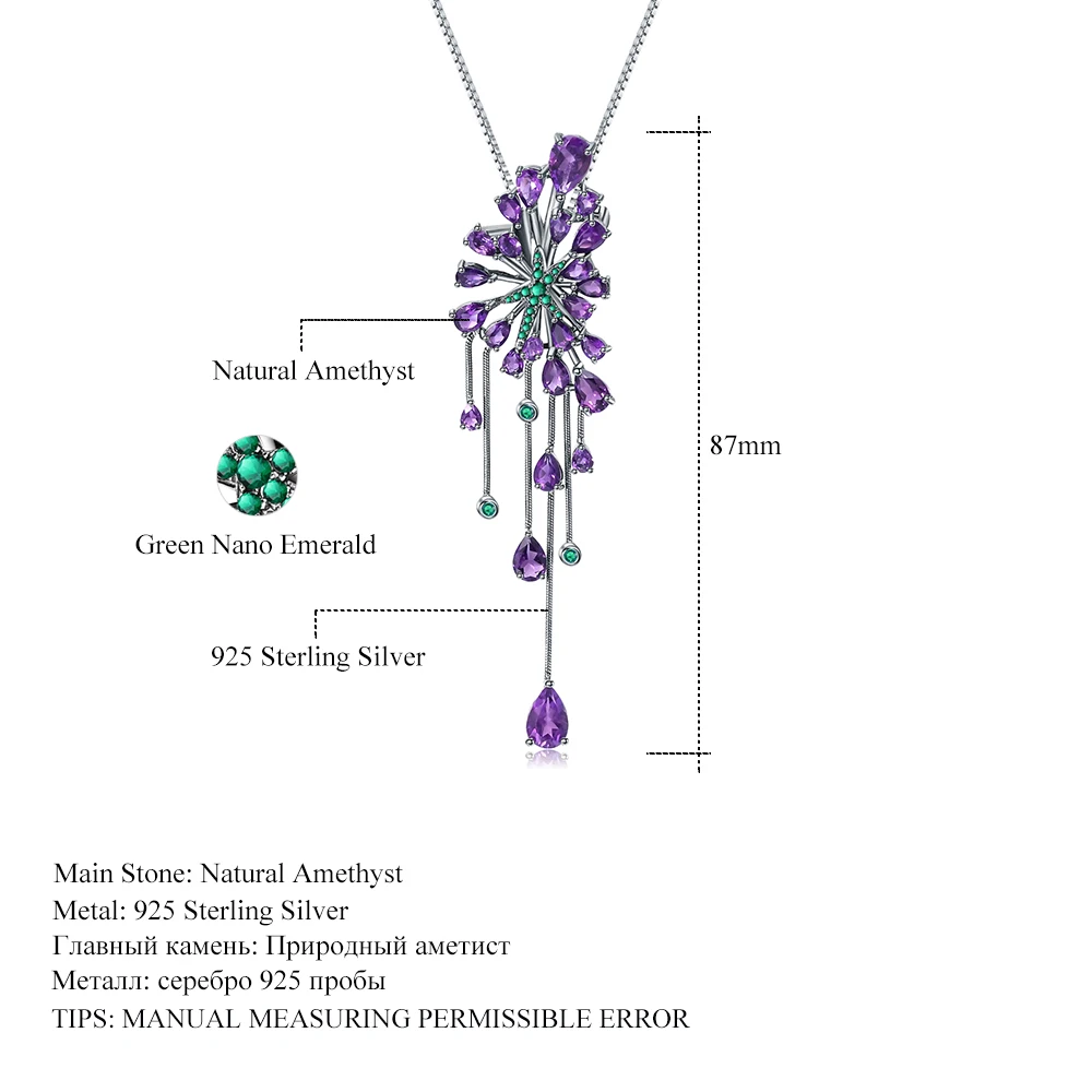 GEM'S BALLET New 8.88Ct Natural Amethyst Purple Gemstone Pendants 925 Sterling Sliver Gothic Necklace For Women Party Jewelry
