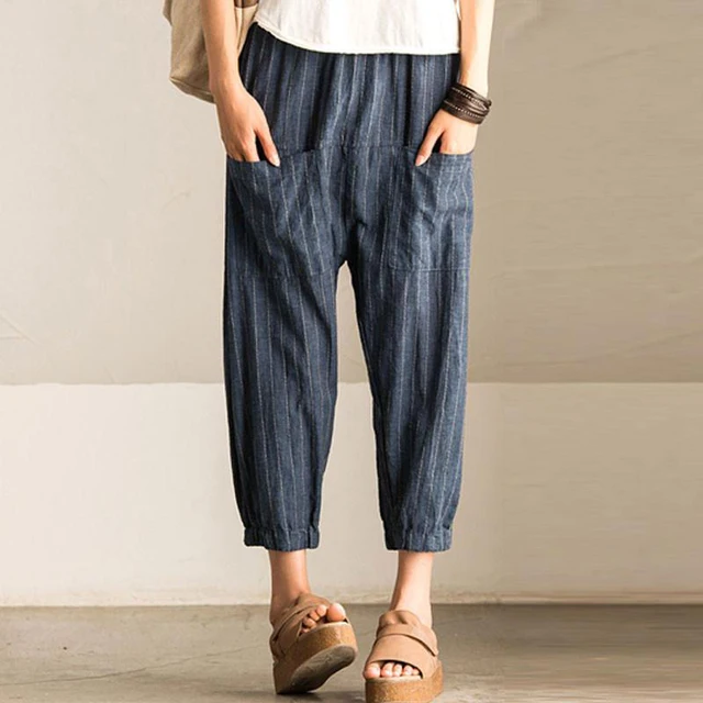 2018 SCHMICKER Women Casual Work Office High Elastic Waist Pockets Striped Baggy Harem Pants Turnip Trousers Wide Leg Pantalon 1