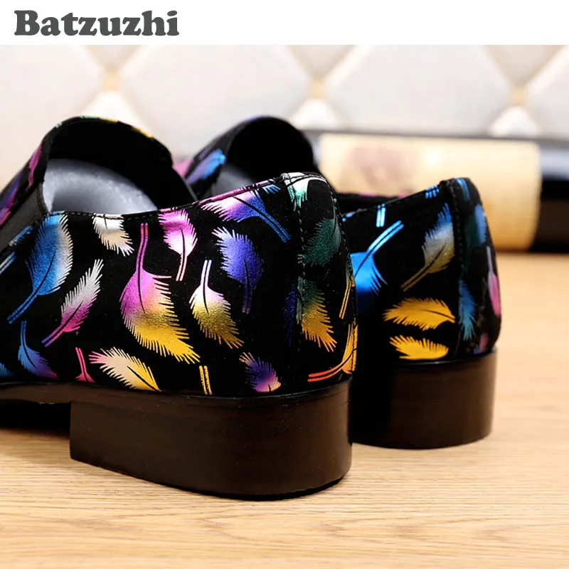 Batzuzhi итальянский Стиль Мужская обувь черная замша с красочным принтом перья золото/серебро точки с металлическим носком Мужские туфли