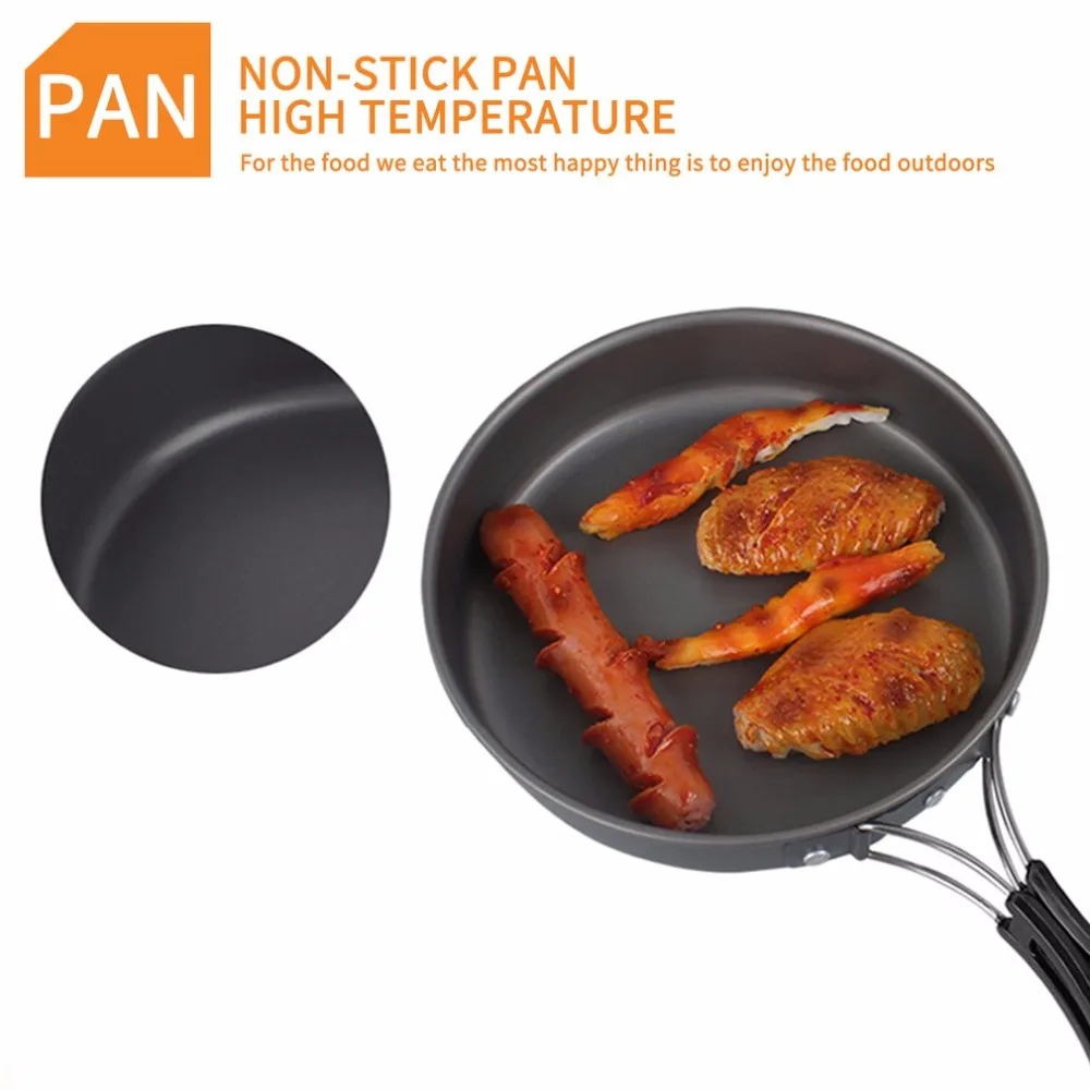 2-3 persona camping Utensilios de cocina Cook set Mini antiadherente cacerola de aluminio hervidor olla pala de madera + 3 Boles y cuencos + 3 tapa + Limpieza esponja