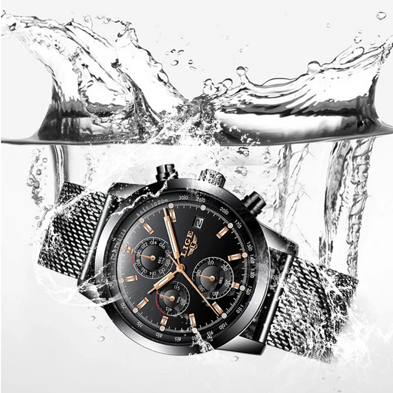 

LIGE New Men's Watches Top Brand Luxury Full Steel Mesh belt Waterproof Sport Watches Date Chronograph Quartz Clock Reloj Hombre