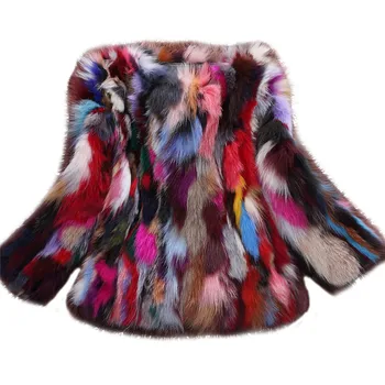 Günstig Regenbogen Bunte Echt Fuchs Pelz Warme Jacken Frauen O Neck 3/4 Hülse Kurze Design Natürliche Pelz Mäntel Oberbekleidung Für Herbst Winter