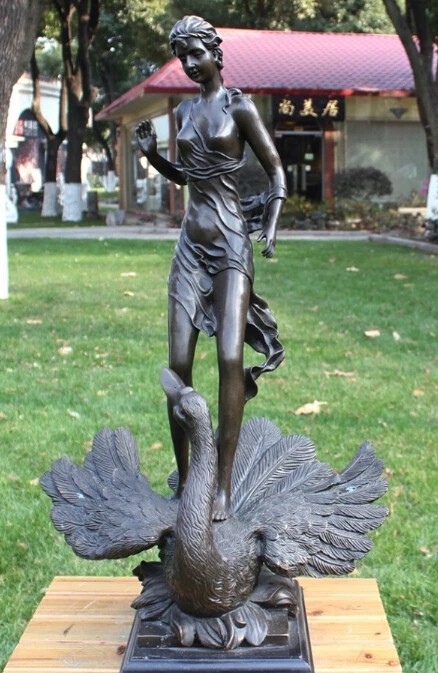 

free 28" Art Decoration Sculpture Western Bronze Copper Marble Swan Woman Girl Statue fast