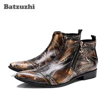Batzuzhi Rock botas hombre Boots Men Punk Bronze Genuine Leather Ankle Boots Men Pointed Toe Motorcycle botas militares, Big 12 vivodsicco new genuine patent leather men mid calf boot punk military combat men s leather desert biker motorcycle rock boots