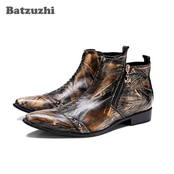 

Batzuzhi Rock botas hombre Boots Men Punk Bronze Genuine Leather Ankle Boots Men Pointed Toe Motorcycle botas militares, Big 12