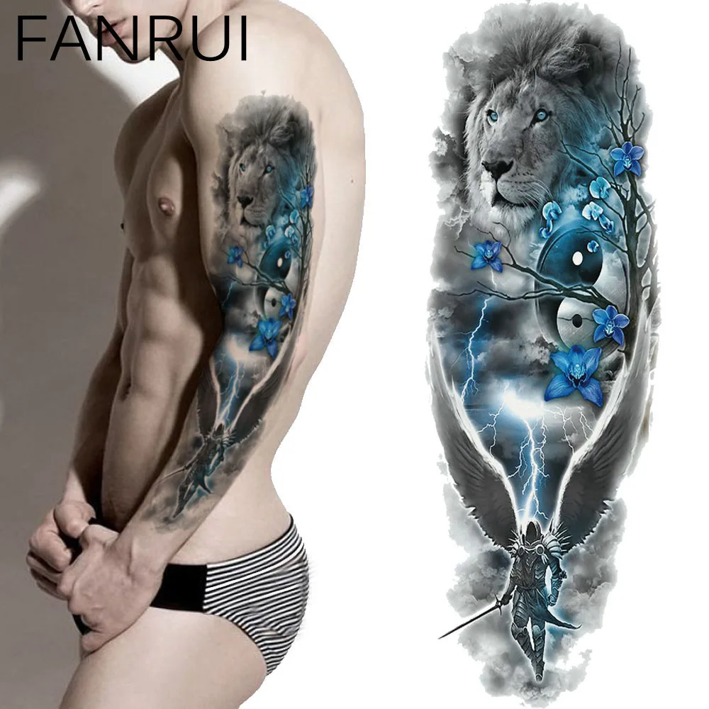 

Blue Lion Flower Temporary Tattoo Women Shoulder Tattoo Sticker Men Full Arm Art Light Waterproof Tatoo Paste Black Wing Warrior